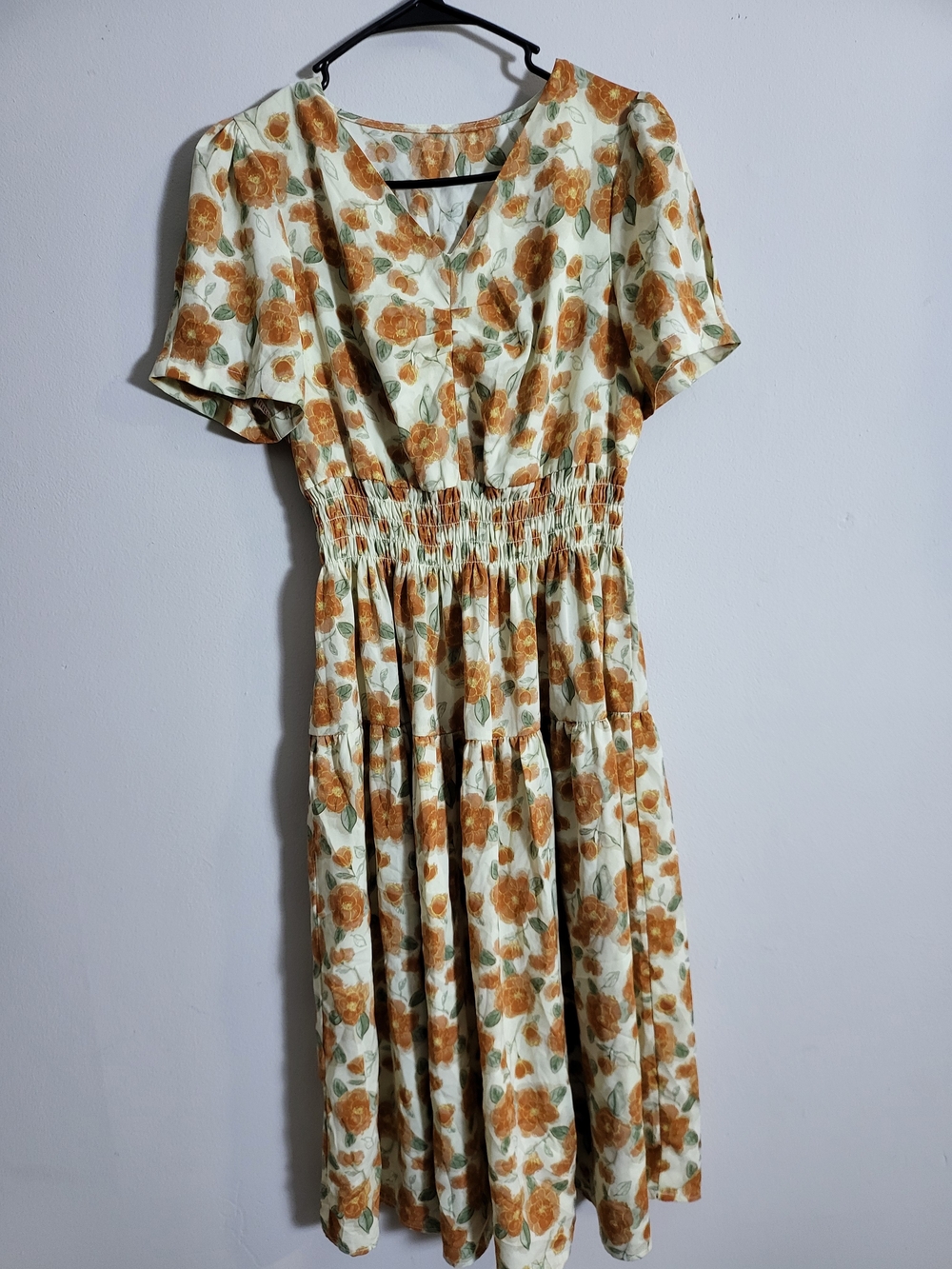 Classic Floral Shirred Waist Dress in Cream and Mustard